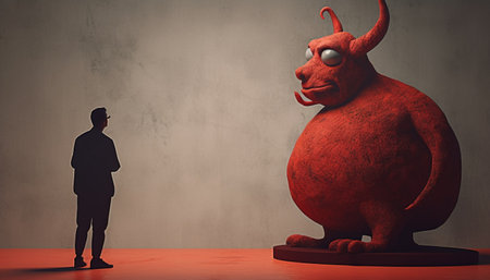 Horned devil businessman stands in spooky hell, looking at camera generated by artificial intelligenceの素材