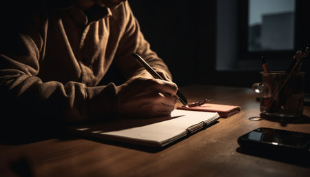 One businessman sitting at desk, holding pen, studying document generated by artificial intelligenceの素材