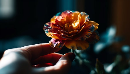 Romantic gift of a fresh, multicolored bouquet held by woman generated by artificial intelligenceの素材