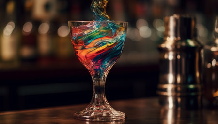 At the elegant bar, a single glass of whiskey poured generated by artificial intelligenceの素材