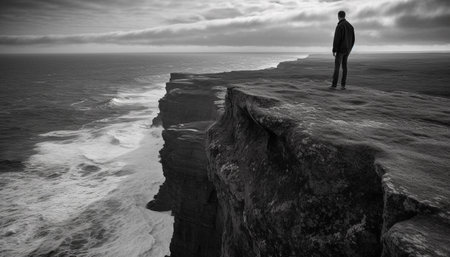 Standing silhouette of one person, admiring majestic black and white seascape generated by artificial intelligenceの素材