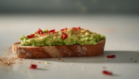 Fresh guacamole spread on toasted ciabatta, a savory snack ready to eat generated by artificial intelligenceの素材
