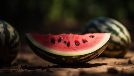 Juicy watermelon slice, a refreshing summer snack on picnic table generated by artificial intelligenceの素材