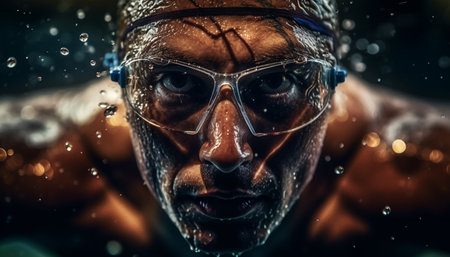 Competitive athlete splashes into blue water with determination and speed generated by artificial intelligenceの素材