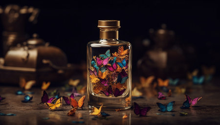 Organic alchemy a luxury perfume bottle with multi colored plant materials generated by artificial intelligenceの素材