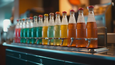 Fresh beer bottles in a row at brewery bottling plant generated by artificial intelligenceの素材