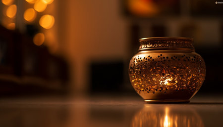An old fashioned candle illuminates the elegant pottery vase indoors generated by artificial intelligenceの素材