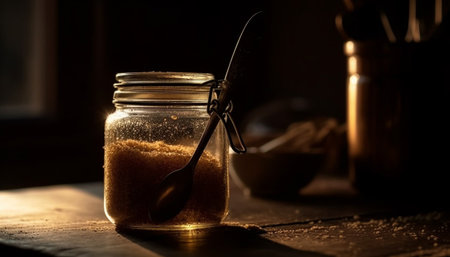 A rustic jar of organic spice seasoning for healthy cooking generated by artificial intelligenceの素材