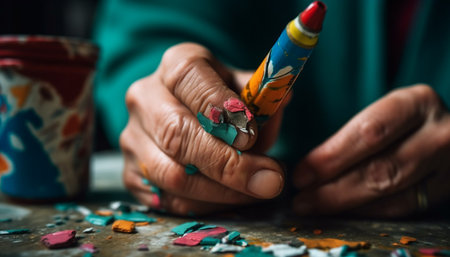 One skilled artist handcrafts vibrant pottery using traditional techniques indoors generated by artificial intelligenceの素材