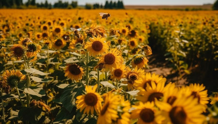 Vibrant sunflower meadow, a bright organic landscape of beauty generated by artificial intelligenceの素材
