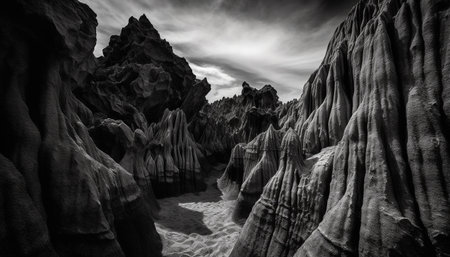 Majestic rock formation eroded by tide, a tranquil seascape beauty generated by artificial intelligenceの素材