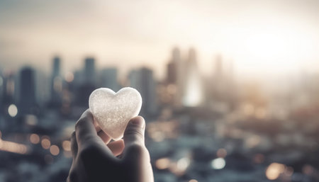 Love in the city Holding hands, hearts shaped by skyscrapers generated by artificial intelligenceの素材