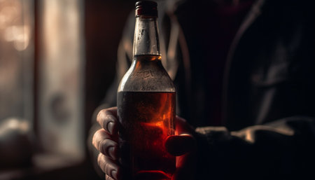 One man holding a beer bottle at a dark party generated by artificial intelligenceの素材