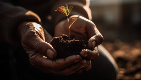 Organic farmer holds seedling, planting new life for environmental conservation generated by artificial intelligenceの素材