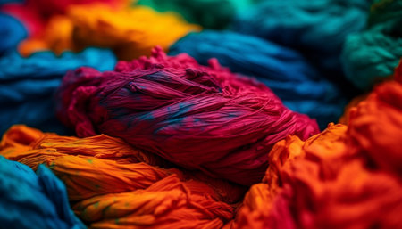 Vibrant colors of wool create abstract chaos in homemade decoration generated by artificial intelligenceの素材