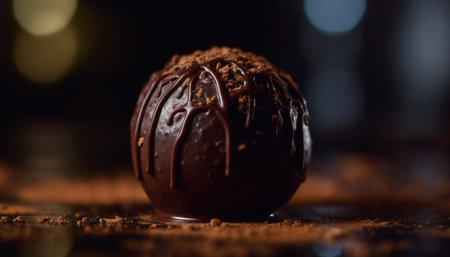 Indulgent dark chocolate ball melts on gourmet dessert bowl generated by artificial intelligenceの素材