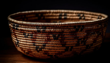 Rustic bamboo bowl with ornate handle, woven fiber decoration generated by artificial intelligenceの素材