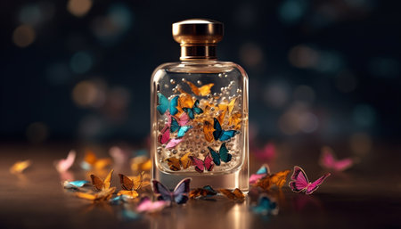 Autumn elegance Glowing jar of glittery gold leaves on wood generated by artificial intelligenceの素材