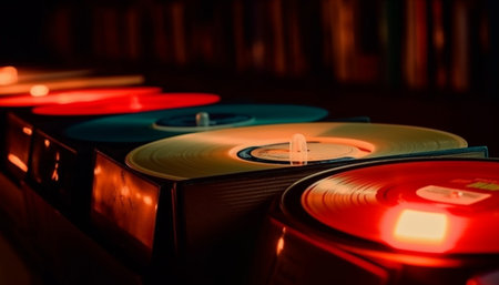 Antique turntable spins old fashioned blue disk in nightclub celebration generated by artificial intelligenceの素材