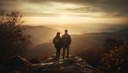 Two men and women hiking mountain peak, enjoying nature beauty generated by artificial intelligenceの素材