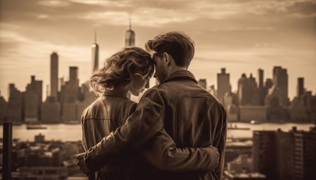 Two young adults embrace in city skyline, love and togetherness generated by artificial intelligenceの素材