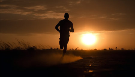 One athlete running at dawn, determined to achieve success generated by artificial intelligenceの素材