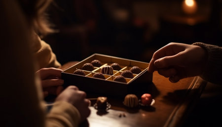 Family enjoys homemade dark chocolate cookies, a sweet night celebration generated by artificial intelligenceの素材