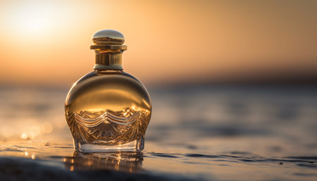 Golden wine bottle reflects sunset on tranquil beach, perfect vacation generated by artificial intelligenceの素材