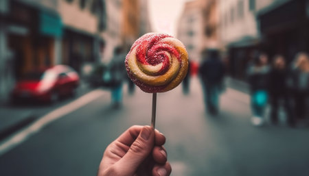 Indulgent men and women eating chocolate lollipops on vacation generated by artificial intelligenceの素材