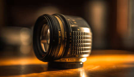 Antique camera on wooden table, selective focus captures elegance generated by artificial intelligenceの素材