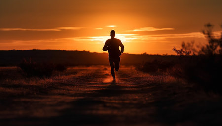 One person jogging at dusk, silhouette against a sunset sky generated by artificial intelligenceの素材