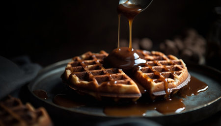 Stack of rustic pancakes with fresh berries and syrup pouring generated by artificial intelligenceの素材