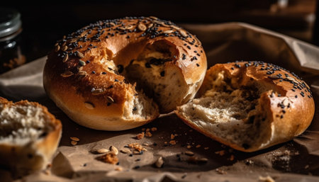 Freshly baked whole wheat bagel with sesame seeds on table generated by artificial intelligenceの素材