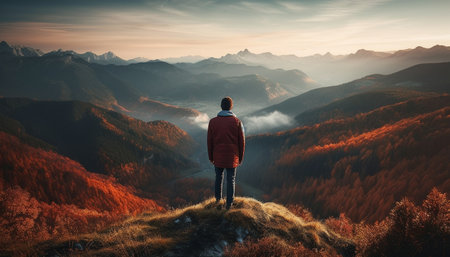 Men hiking mountain peak, looking at majestic beauty in nature generated by artificial intelligenceの素材