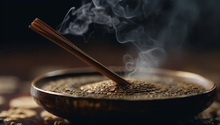 Burning incense fills the bowl with aromatic smoke and spice generated by artificial intelligenceの素材