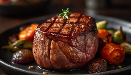 Grilled sirloin steak with fresh vegetables, a gourmet meal generated by artificial intelligenceの素材