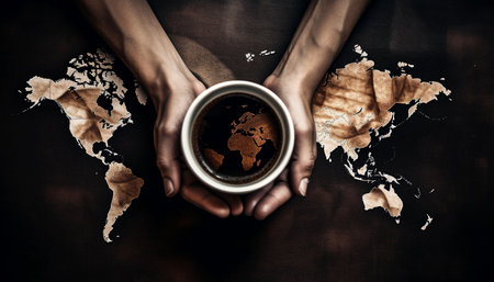 In the dark, a hand holds a rustic cappuccino mug generated by artificial intelligenceの素材