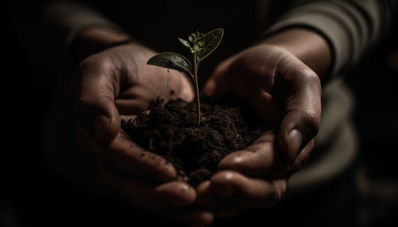 New life begins with teamwork, holding fragile seedling in dirt generated by artificial intelligenceの素材