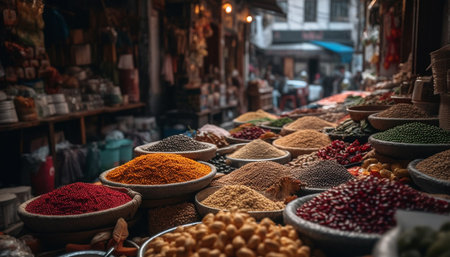 A vibrant spice stall in the Medina district sells variety generated by artificial intelligenceの素材