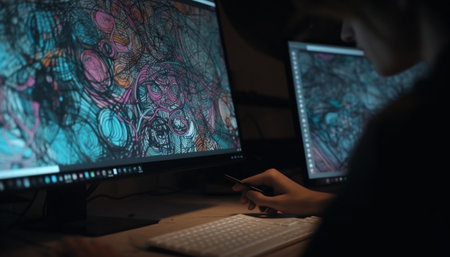 A modern graphic designer sitting at a desk, using technology generated by artificial intelligenceの素材