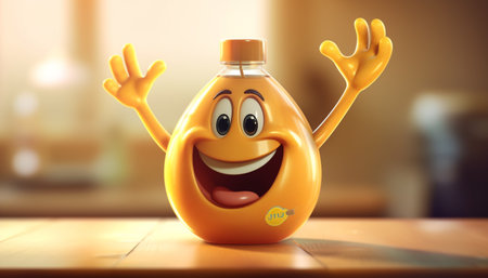 Cheerful cartoon characters enjoy fresh food and drink on table generated by artificial intelligenceの素材