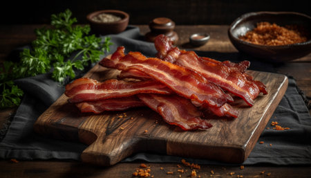 Smoked prosciutto on rustic wood plate, a gourmet indulgence generated by artificial intelligenceの素材