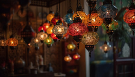 Turkish lanterns illuminate the ornate store, a souvenir celebration generated by artificial intelligenceの素材