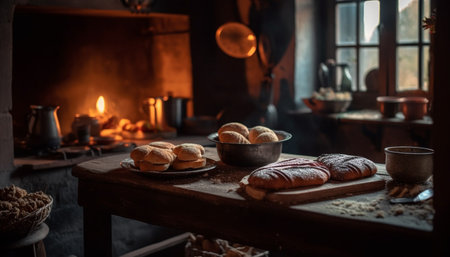Rustic homemade bread baked with organic flour and natural heat generated by artificial intelligenceの素材