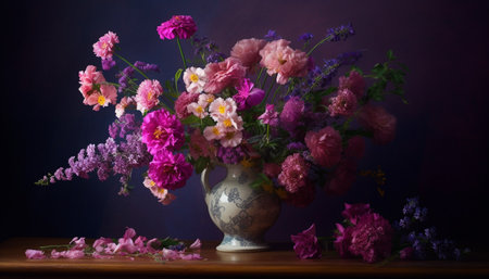 A rustic vase holds a lilac bouquet, a gift of love generated by artificial intelligenceの素材