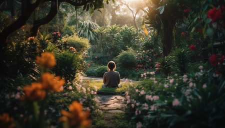 Young adults enjoy walking on footpath through tranquil sunset landscape generated by artificial intelligenceの素材
