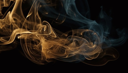 Fiery fractal shapes dance in a mystical, smoky backdrop generated by artificial intelligenceの素材