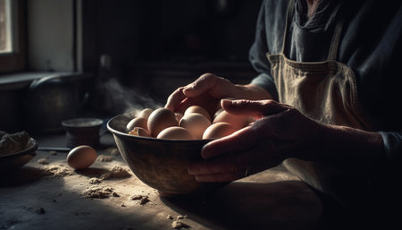 One man kneading dough in rustic kitchen with pottery utensils generated by artificial intelligenceの素材