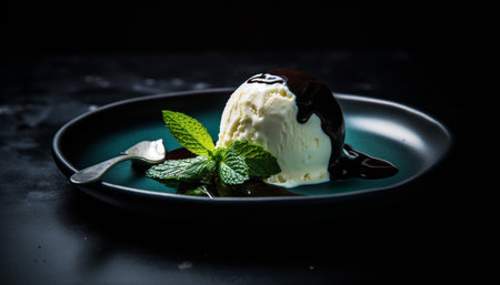 Elegant gourmet dessert chocolate mousse with raspberry and mint leaf generated by artificial intelligenceの素材