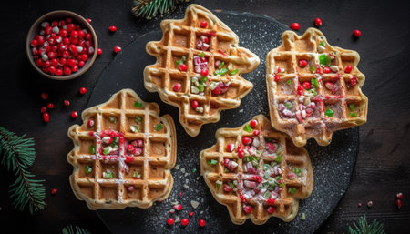 A rustic plate of indulgent Belgian waffles with fresh berries generated by artificial intelligenceの素材